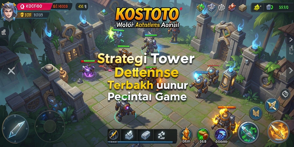 Screenshot gameplay KOSTOTO yang menampilkan serangan menara dalam Tower Defense.