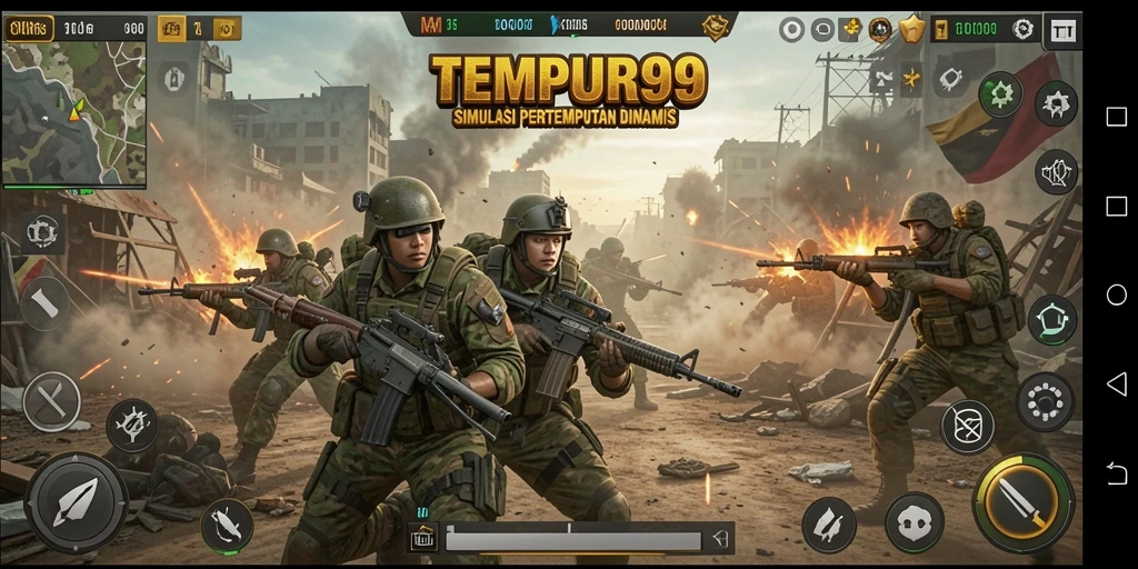 Gameplay TEMPUR99 yang mendebarkan dalam mode simulasi pertempuran.